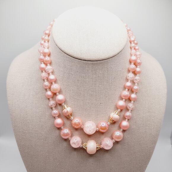 Vintage Japan 1950s Pink Pearl Bead 2 Strand Necklace 16” Signed Hook - Picture 2 of 13